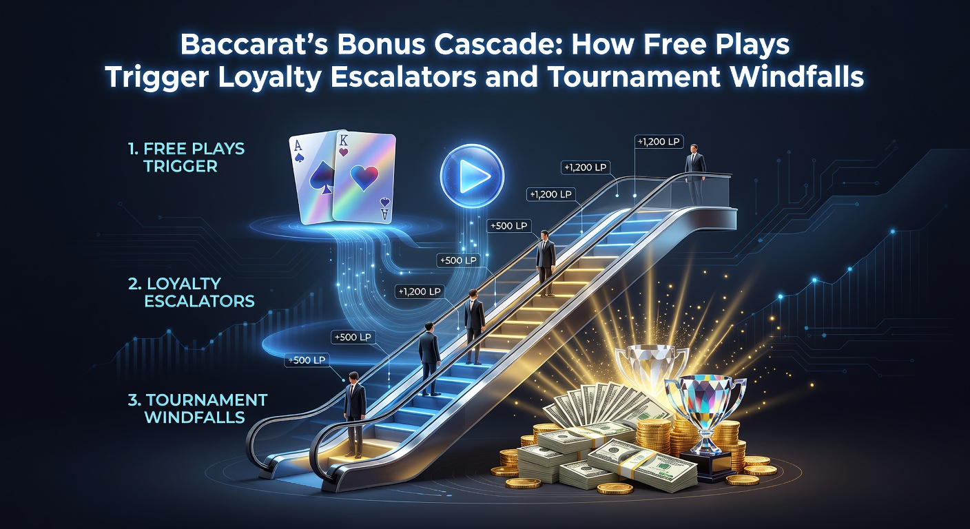 Grafik zur Bonus-Kaskade im Baccarat mit Freispielen, die zu Loyalty-Stufen und Turnierpreisen führen