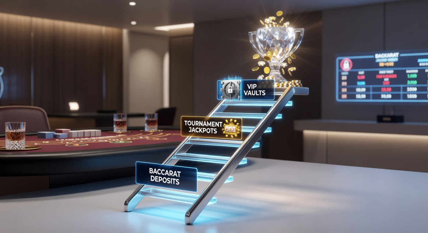Grafik einer steigenden Leiter mit Baccarat-Chips, Einzahlungspfeilen und glänzenden Jackpots oben